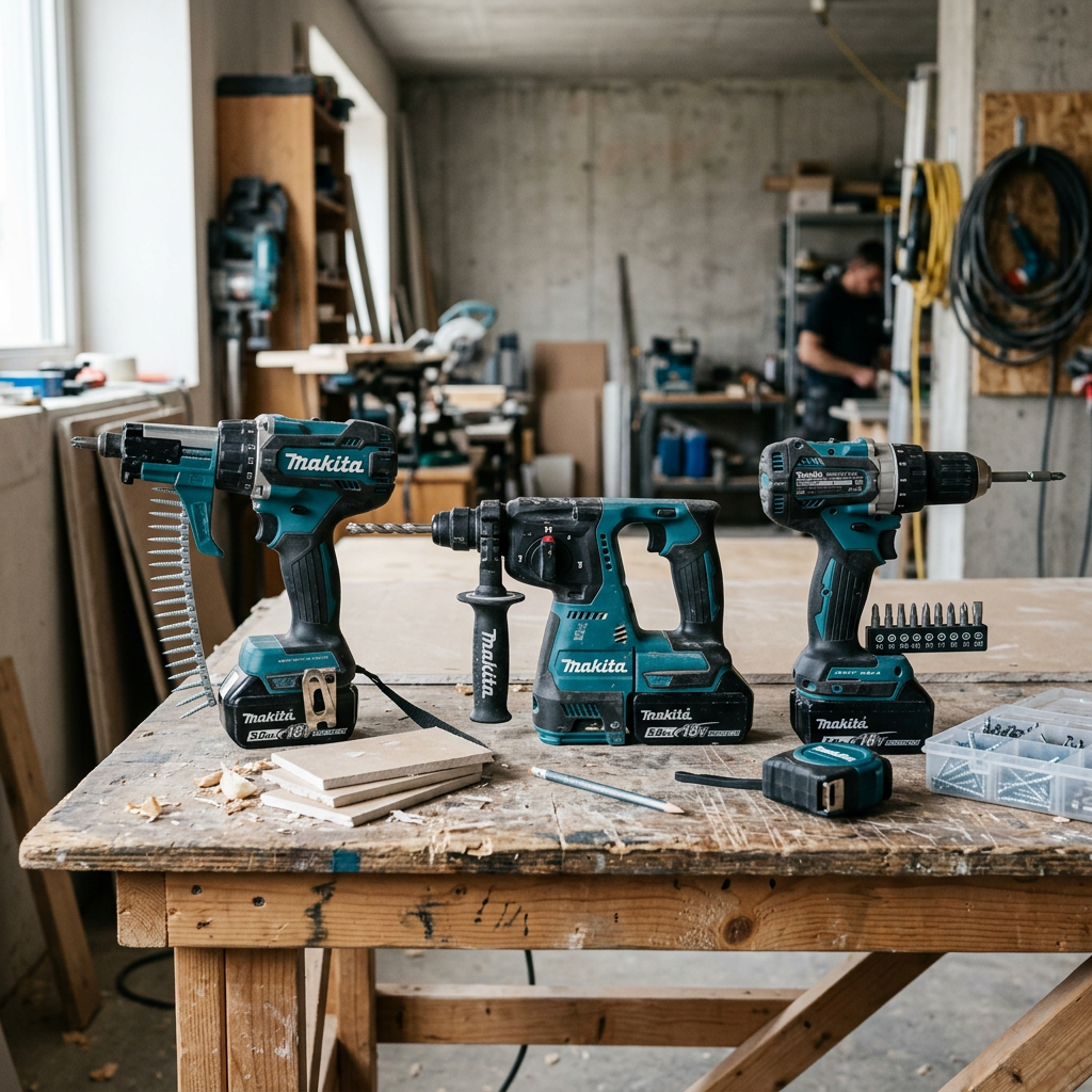 Three Makita cordless power drills with bits and accessories on a workbench