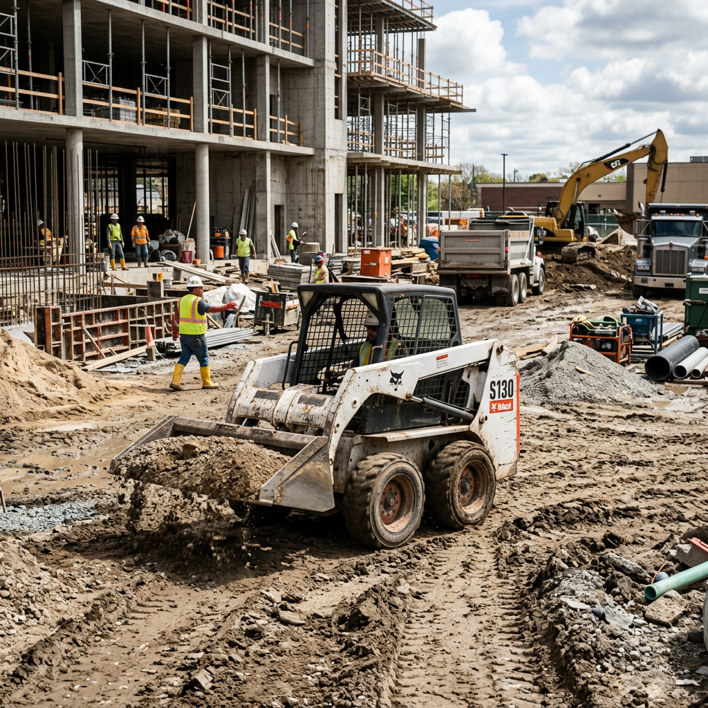 Construction site with workers and Bobcat loader moving dirt near a building under construction