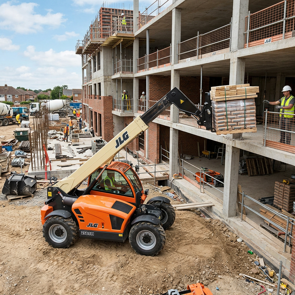 Orange JLG telehandler lifting a pallet of construction materials to workers on a construction site