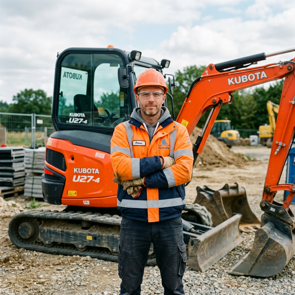Construction worker in orange safety gear and helmet standing with arms crossed in front of Kubota U27-4 excavator at construction site