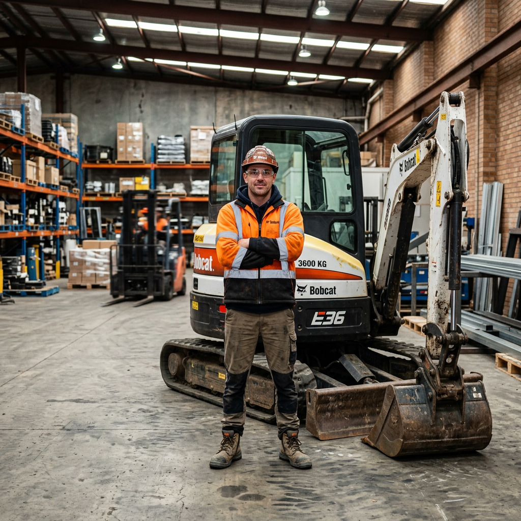 Worker in safety gear standing in front of a Bobcat E36 excavator inside warehouse