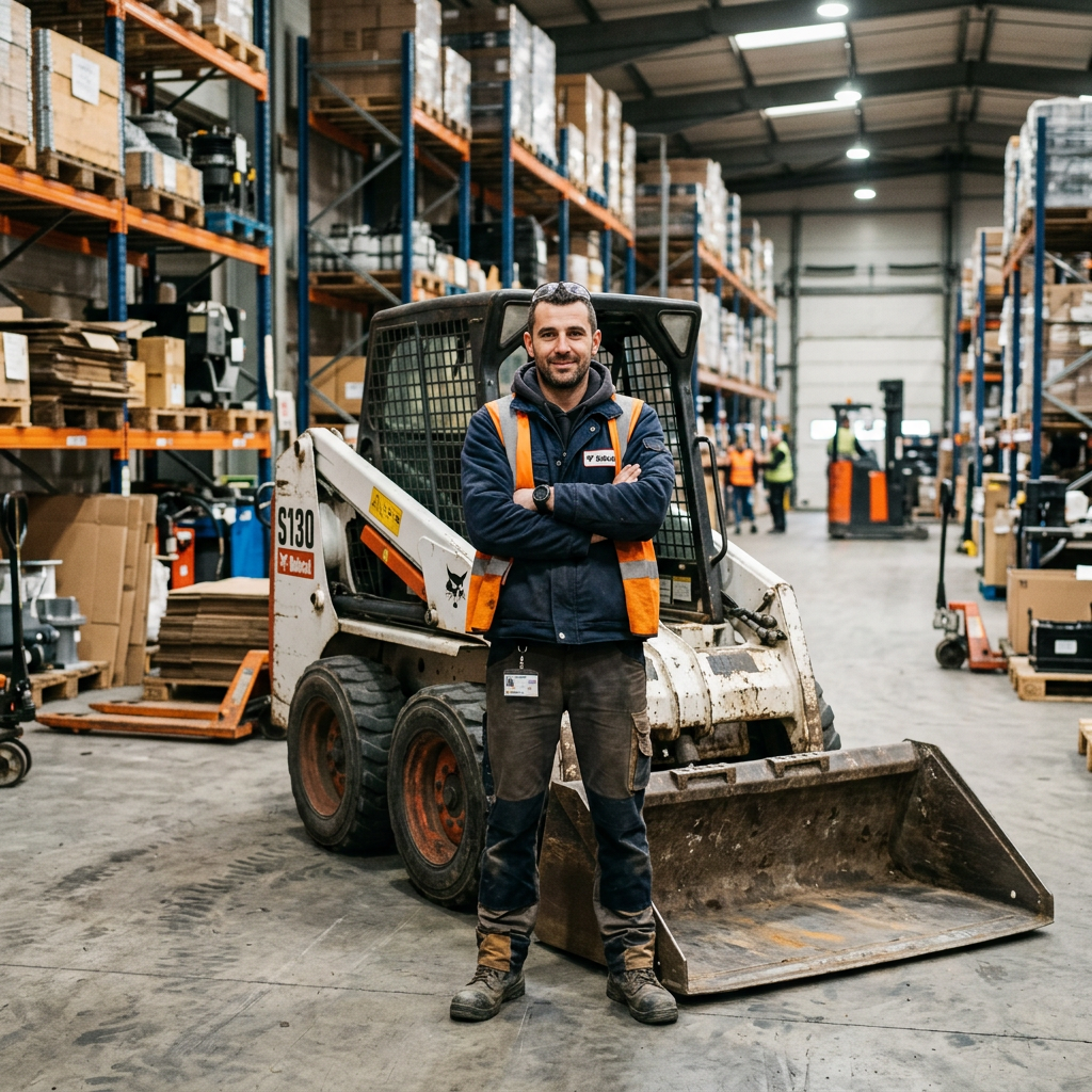Warehouse worker wearing safety vest standing with arms crossed in front of skid steer loader