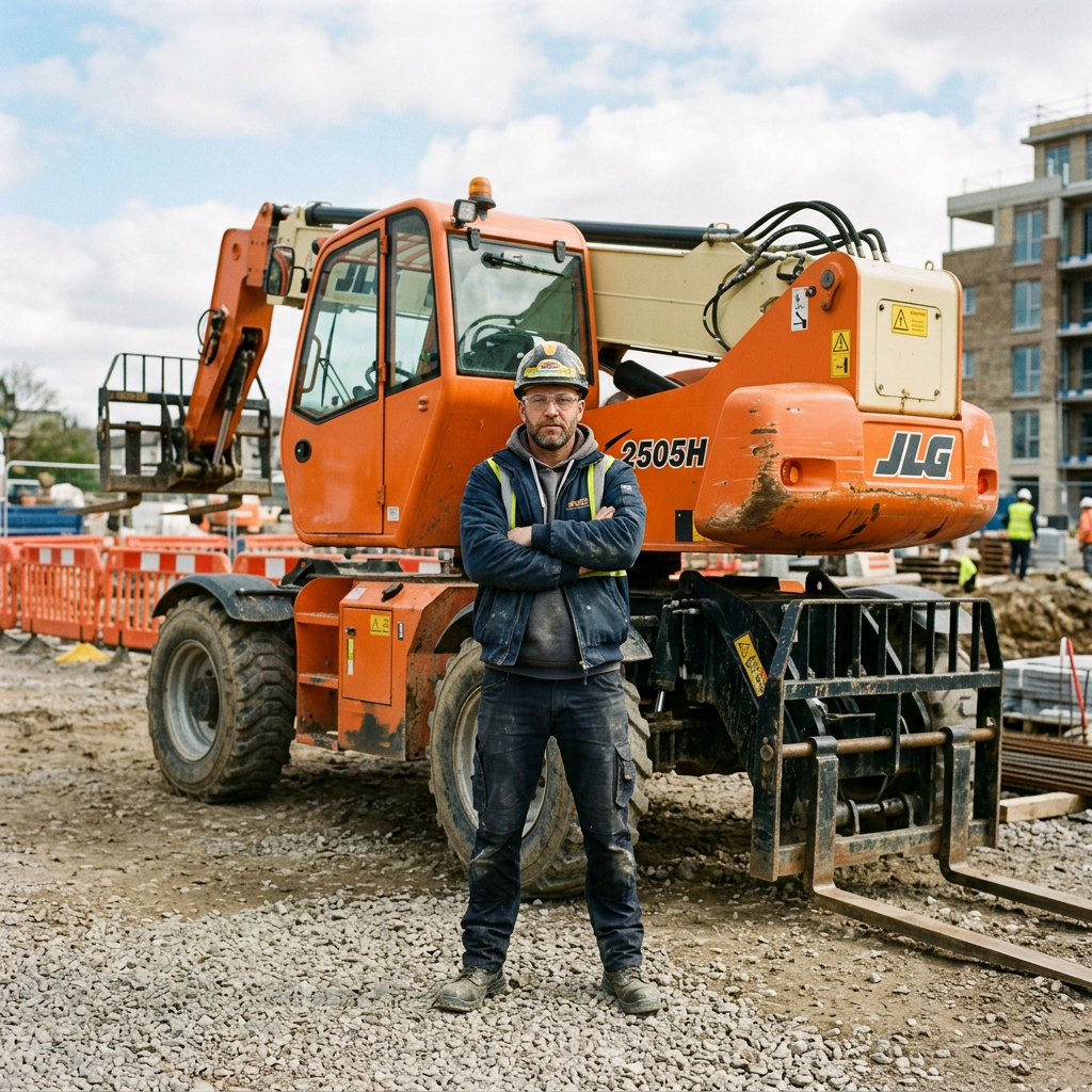 Construction worker wearing helmet and safety vest standing in front of an orange telehandler machine at a construction site