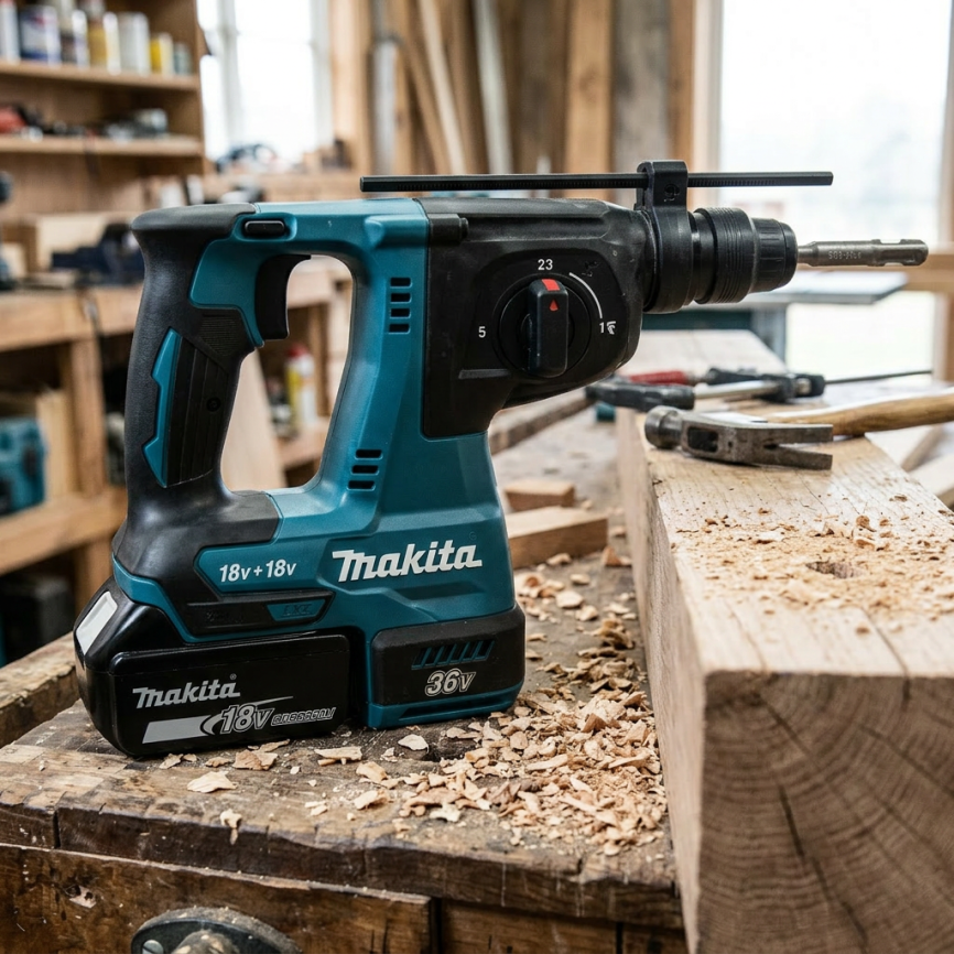 Person wearing gloves using a Makita cordless drill to drill a large wooden beam on a workbench in a workshop