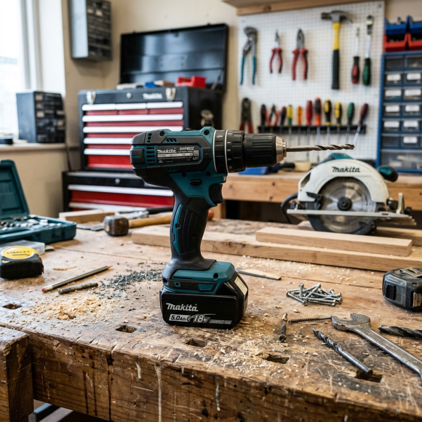 Makita cordless drill standing on wooden workbench surrounded by tools and screws